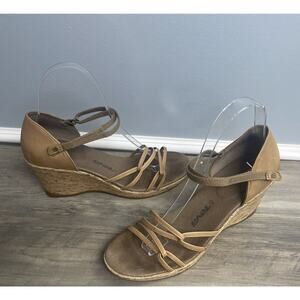 Teva Women's Riviera Sandal Size 7.5 Cork Wedge Heel Brown Tan Leather Strappy